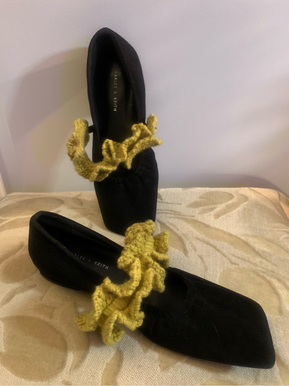 Charles & Keith Black Square Toe Mary Jane Flats with Yellow Ruffle Strap 35
